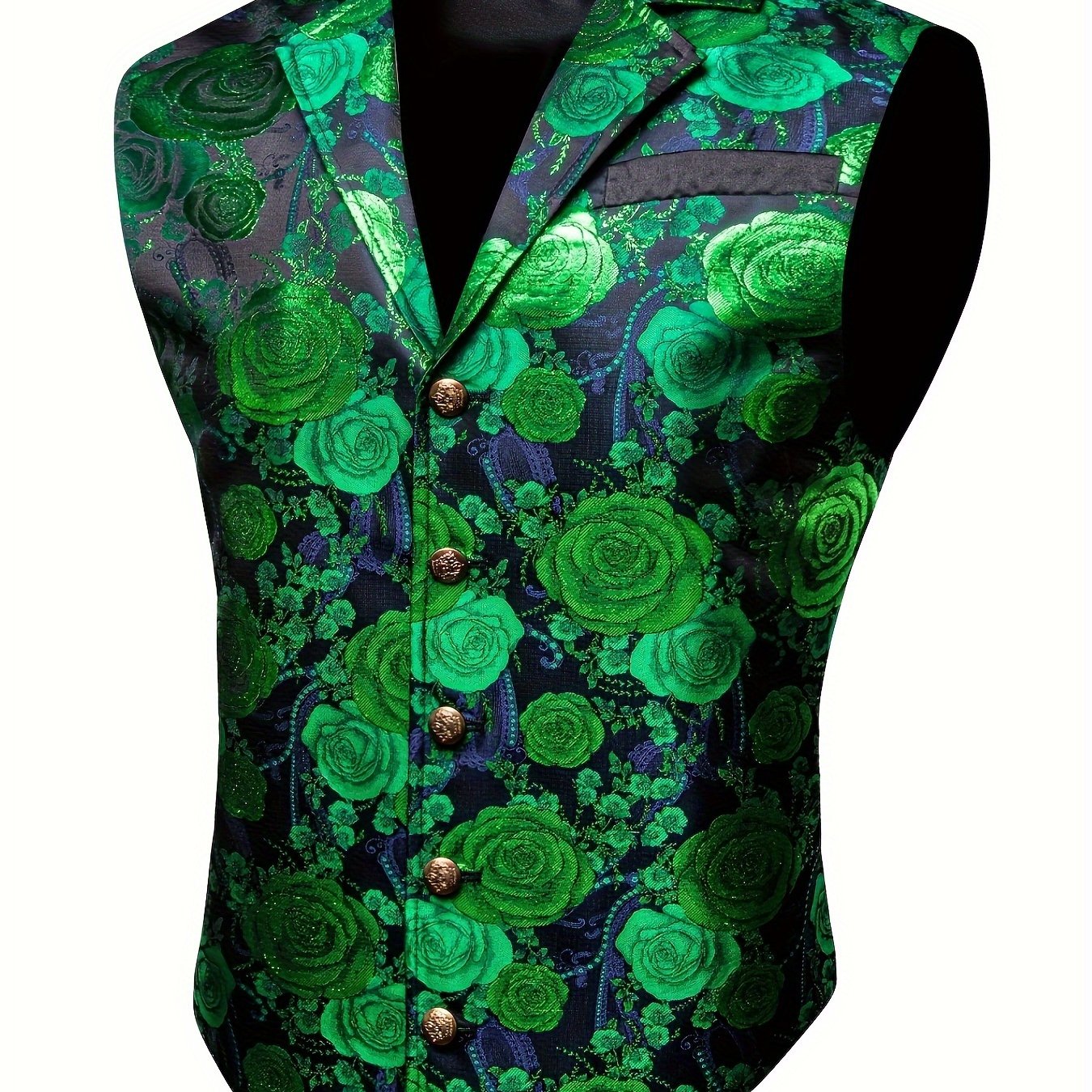 Gilet de Costume Jacquard Floral Vintage pour Hommes - Style Steampunk Gothique, Imprimé Floral Vert & Doré, Col Sur Mesure, Bouton en Cuivre, Poches Latérales, Parfait pour les Mariages, Bal de Promo & Événements Formels