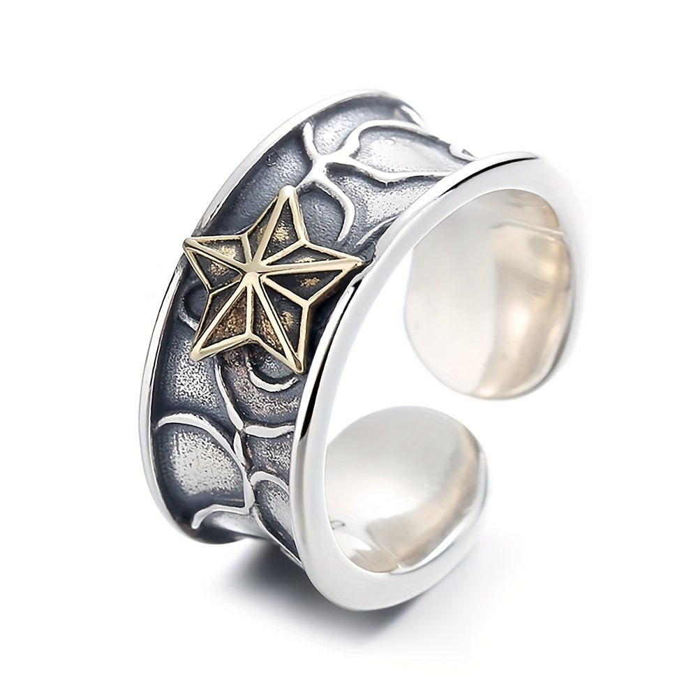 1pc s925 Pure Silver Retro Neutral Water Ripple Set with Copper Stars Thai Silver Ring, Punk Trendy Ring for Men and Women, Suitable for Parties, Approx. 7.4g