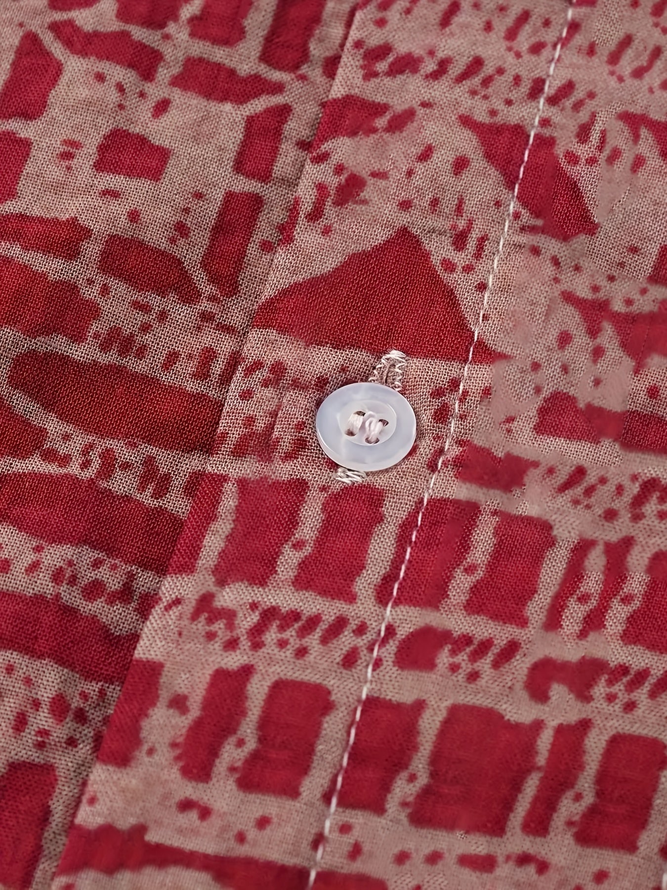 Men's Casual Short-Sleeve Button-Up Shirt with Vibrant Red & White Geometric Print - Lightweight Polyester, Machine Washable, Perfect for Summer Outings, Relaxed Fit Shirt | Ethnic Print Shirt | Polyester Fabric
