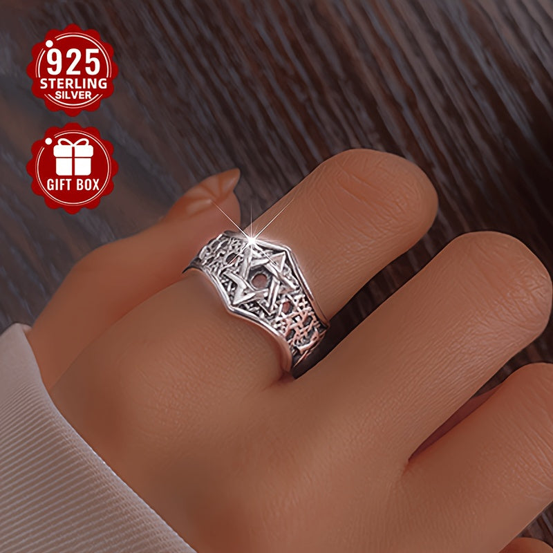 Approx. 4g of Total Weight 1pc Women'S Fashion Wide Band Ring; 925 Pure Silvery Hollow Retro Hip Hop Hexagram Star Adjustable Ring Niche Design Men'S and Women'S Ring; Suitable for Party Activities; Suitable for Giving to Lovers, Friends and Family