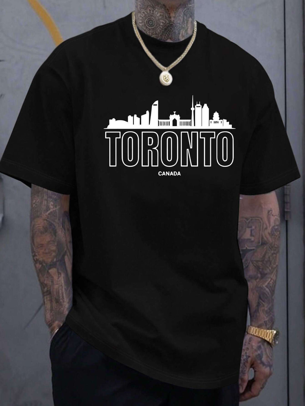 MenFashion Toronto Canada Graphic Cotton T-Shirt- Black Short Sleeve Crew Neck, Iconic Skyline Print, Lightweight and Breathable, Suitable for Summer Outings, Casual Wear and Everyday Style, Outdoor Activity Shirt| Machine washable