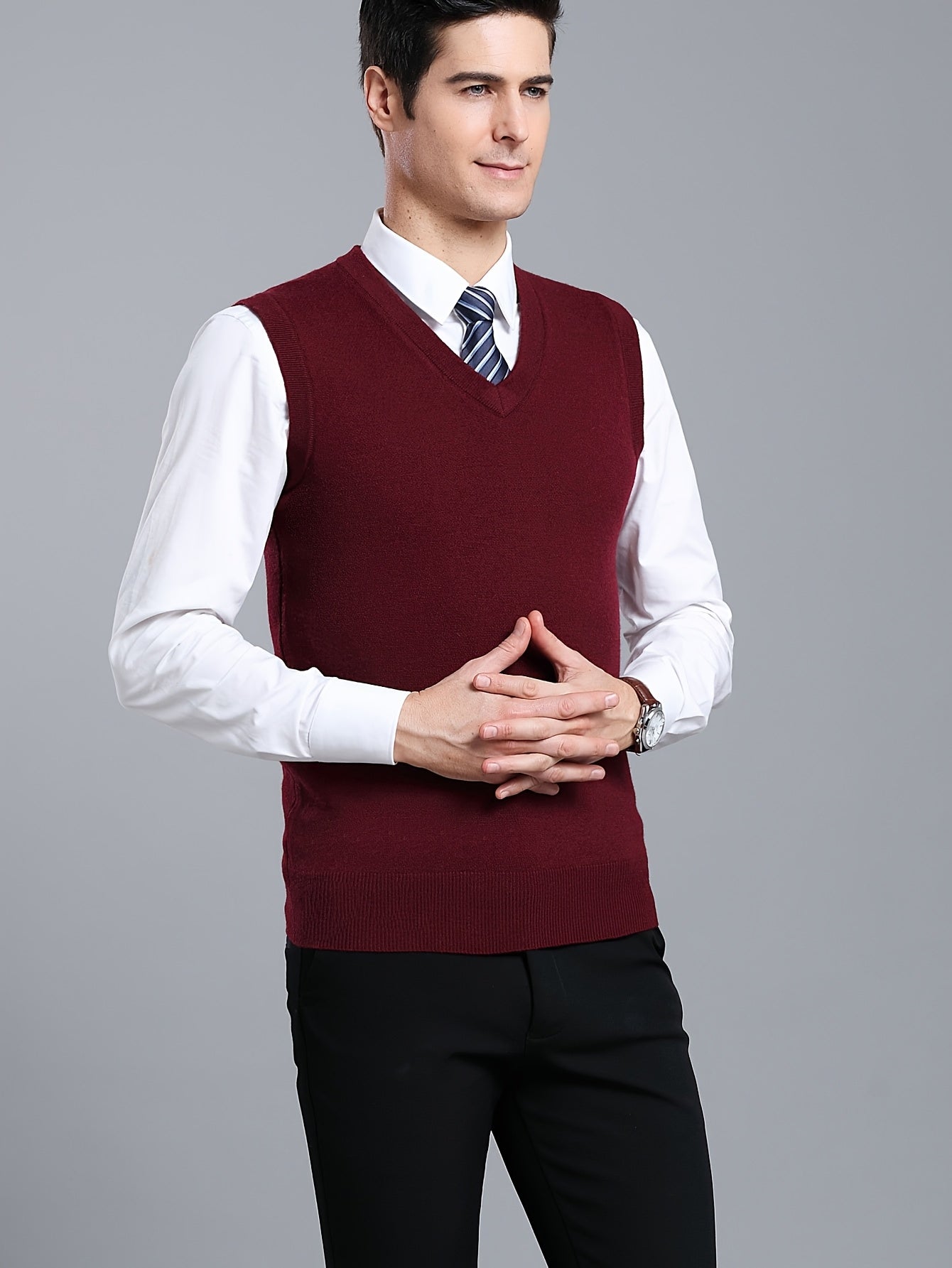 Gilet Homme Sans Manches en Laine Stretch - Texture Côtelée Élégante, Tricot Chaud pour Tenue Décontractée et Golf, Anniversaire - Noir