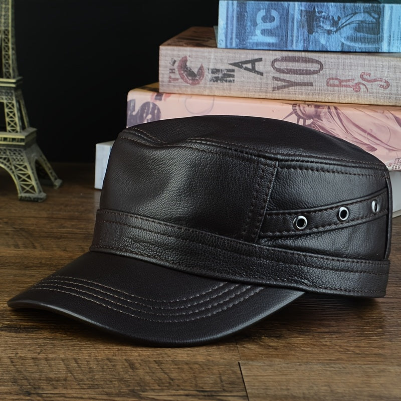 Premium Sheepskin Baseball Cap for Men - Fashionable Flat Brim Hat, Thin Design for Spring & Fall, Casual Outdoor Duckbill Cap for Middle-Aged Adults, Visor Cap | Sleek Headgear | Sleek Leather Ha