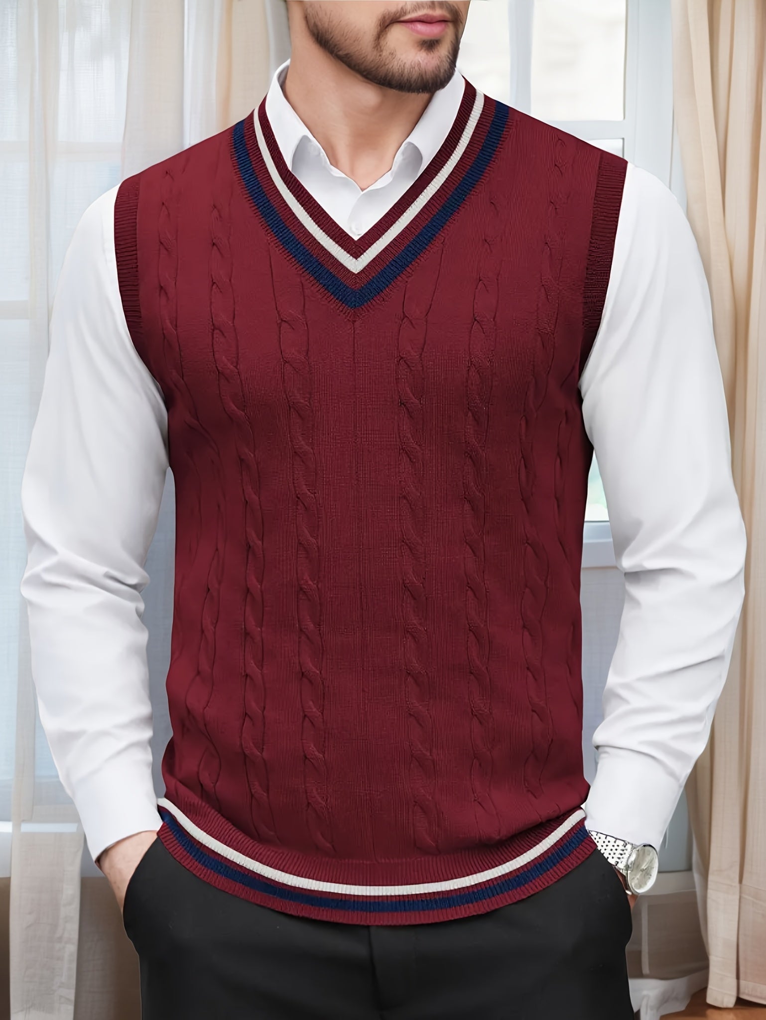 Gilet Homme Sans Manches Col en V Tricoté, Design Décontracté et Rétro, Idéal pour l'Automne et l'Hiver, Parfait pour un Look Décontracté et Sophistiqué en Toute Occasion
