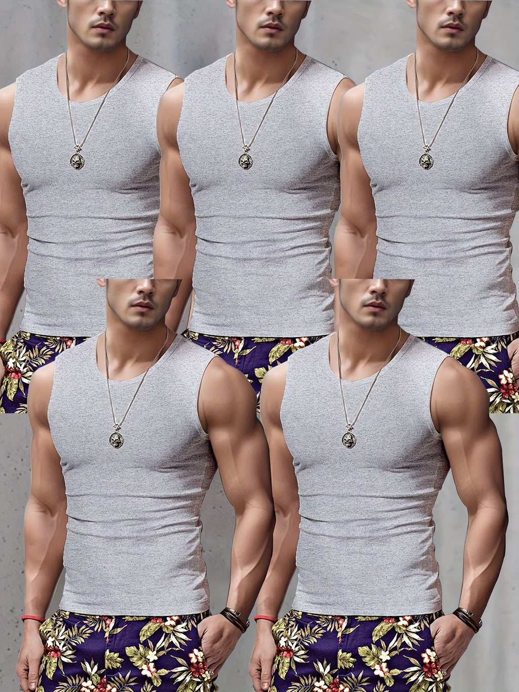 5 débardeurs pour hommes à larges épaules - Noir, Gris, Blanc - Sans manches, respirant, col rond - Pour le sport et le fitness