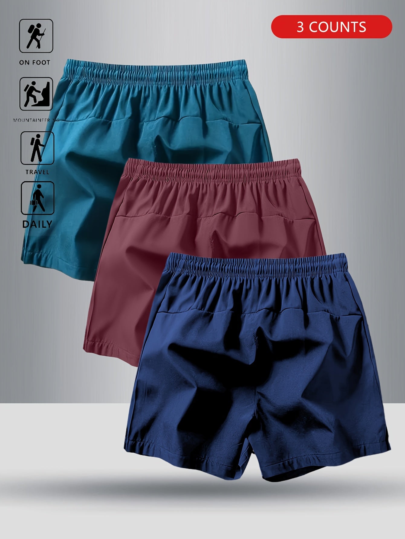 3pcs OBM Men's Moisture-Wicking Lightweight Athletic Shorts with Adjustable Drawstring Waist & Zipper Pocket - Breathable Quick-Dry Gym Running Training Shorts for Summer, Beach, Outdoor Activities (Teal, Burgundy, Navy)