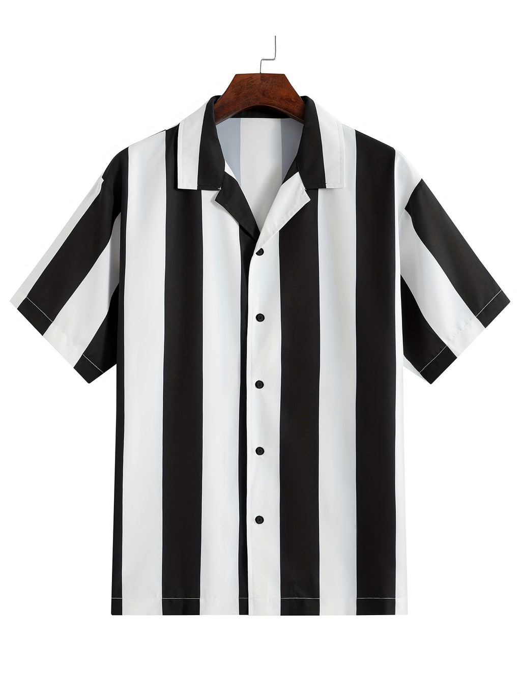 1pc Men'S Summer Casual Striped Button- Shirt - Short Sleeve, Regular Fit, Polyester Woven Fabric, Non-Stretch, Lapel Collar, Placket, for Daily & Outdoor Activities, Hiking, Weekend - Woven Fabric Weight 125g\u002Fm²