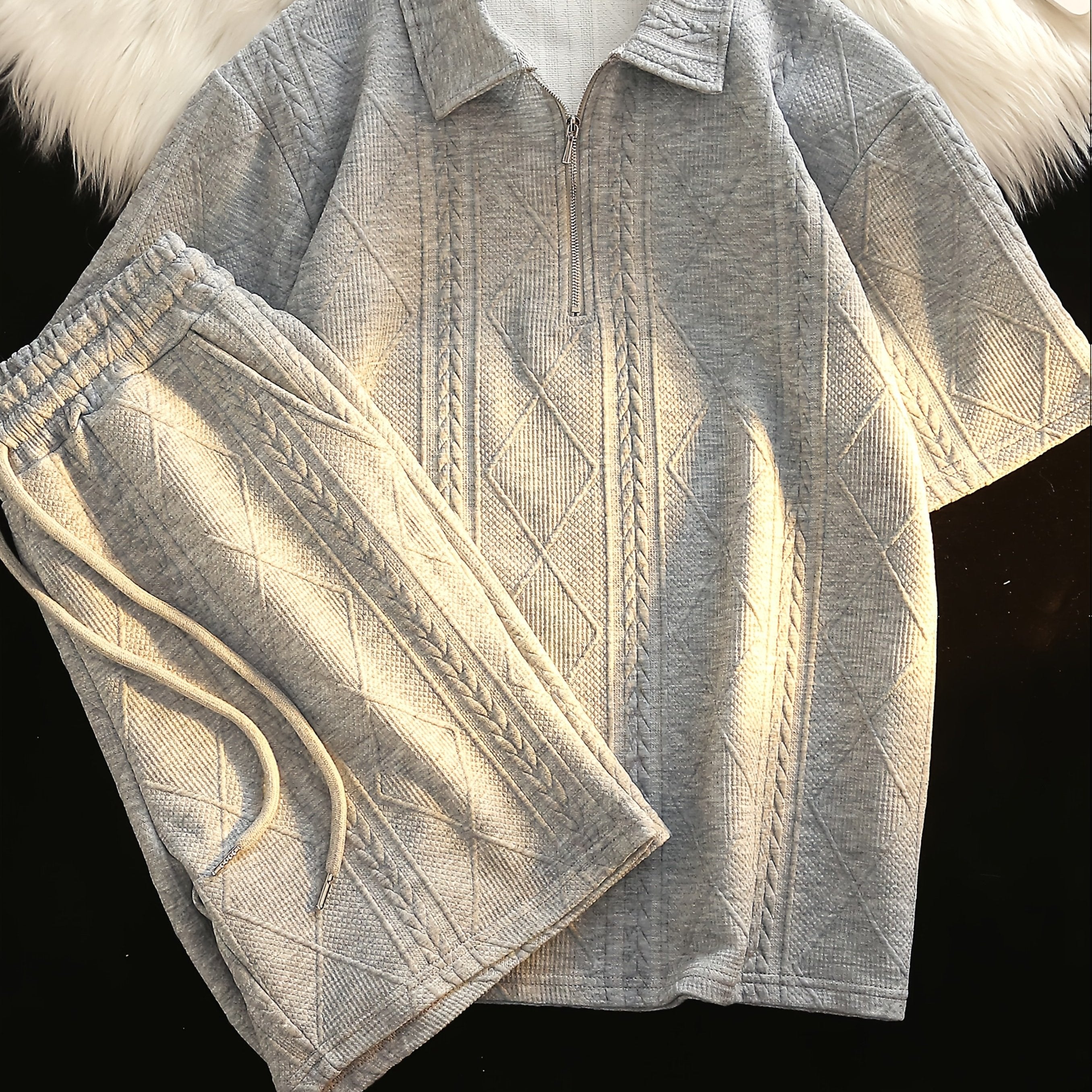 Retro Style 2pcs Men's Casual Summer Outfit Suits, Geometric Pattern Design Short Sleeve Lapel Shirt Top And Shorts Suit