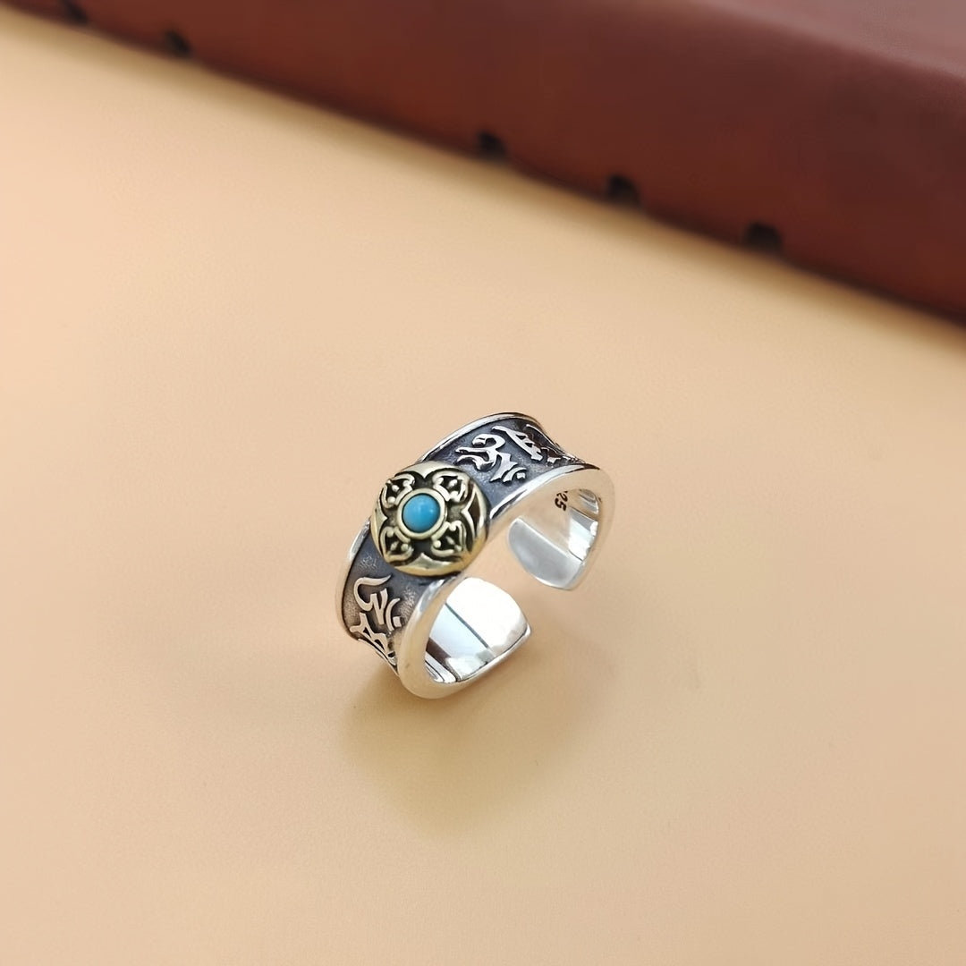 Vintage Six-Word Mantra Sterling Silver Ring for Men, S925 Silver Distressed Craftsmanship Creative Index Finger Ring