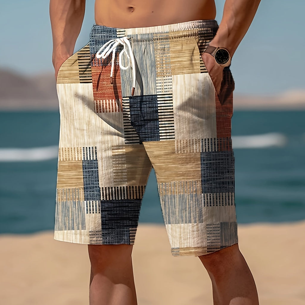 Men'S Geometric-Patterned Casual Beach Shorts, 100% Polyester, Slight Stretch, Drawstring, Regular Fit, Woven Fabric, 120g\u002Fm² - European and American Style Summer Fashion