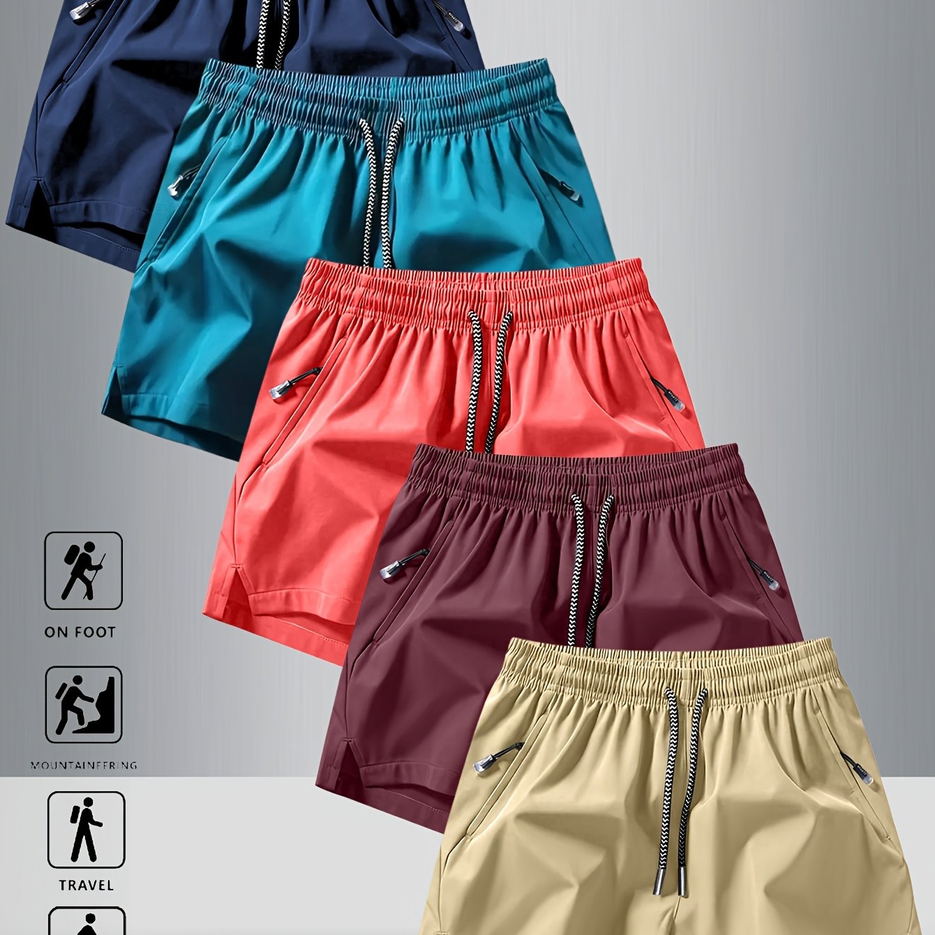 5pcs Men'S Summer Sports Shorts - Breathable, Lightweight, Moisture-Wicking Drawstring Waist, Solid Colors (Green, Red, Purple, Blue, Tan) for Casual, Outdoor, and Athletic Activitie