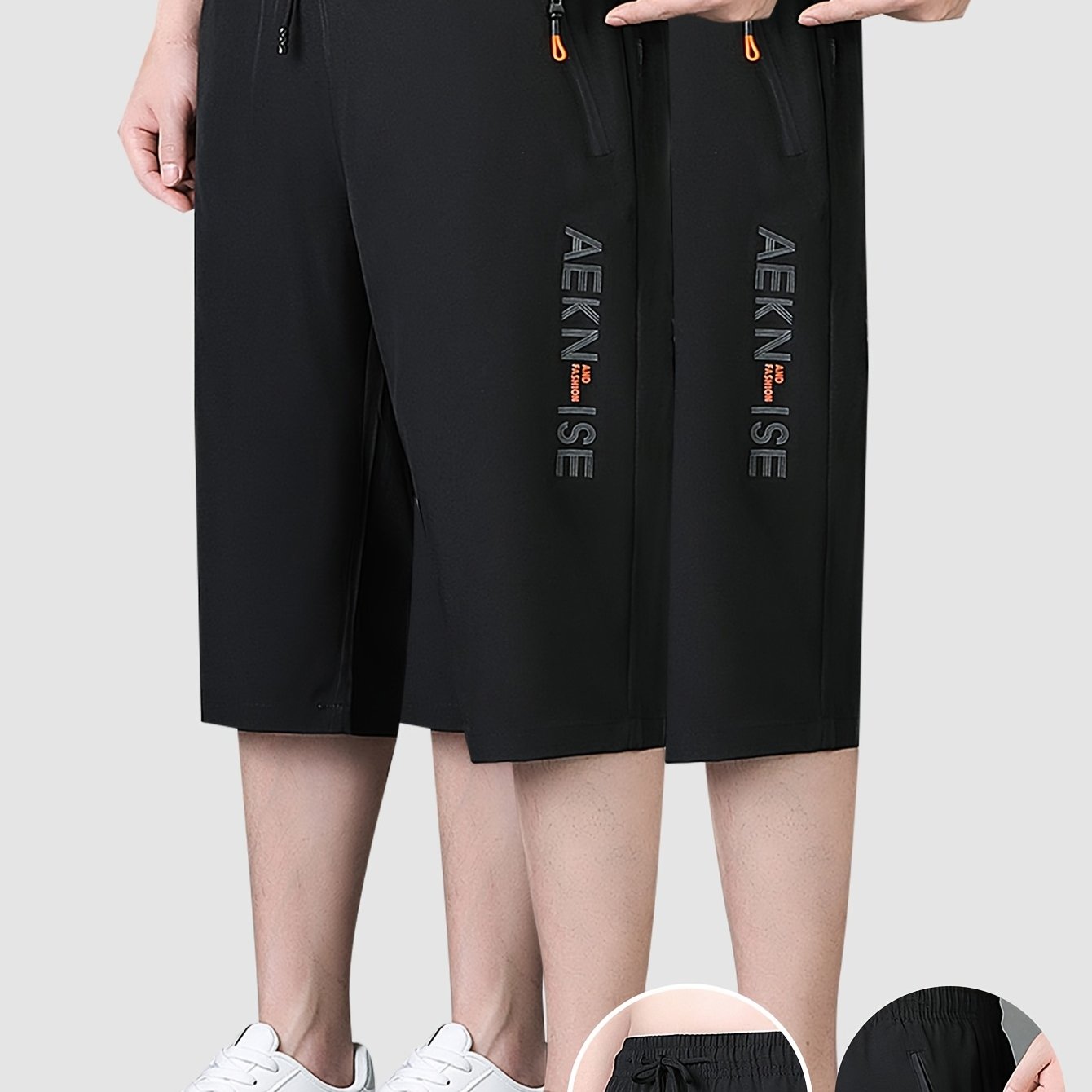2pcs Men's Mid-Thigh Athletic Shorts with Drawstring & Zipper Pockets - Stylish Letter Print Design, Black & Navy Blue, Perfect for Gym, Casual Wear, Yoga, and Outdoor Activities, Modern Sports Apparel | Durable Sportswear