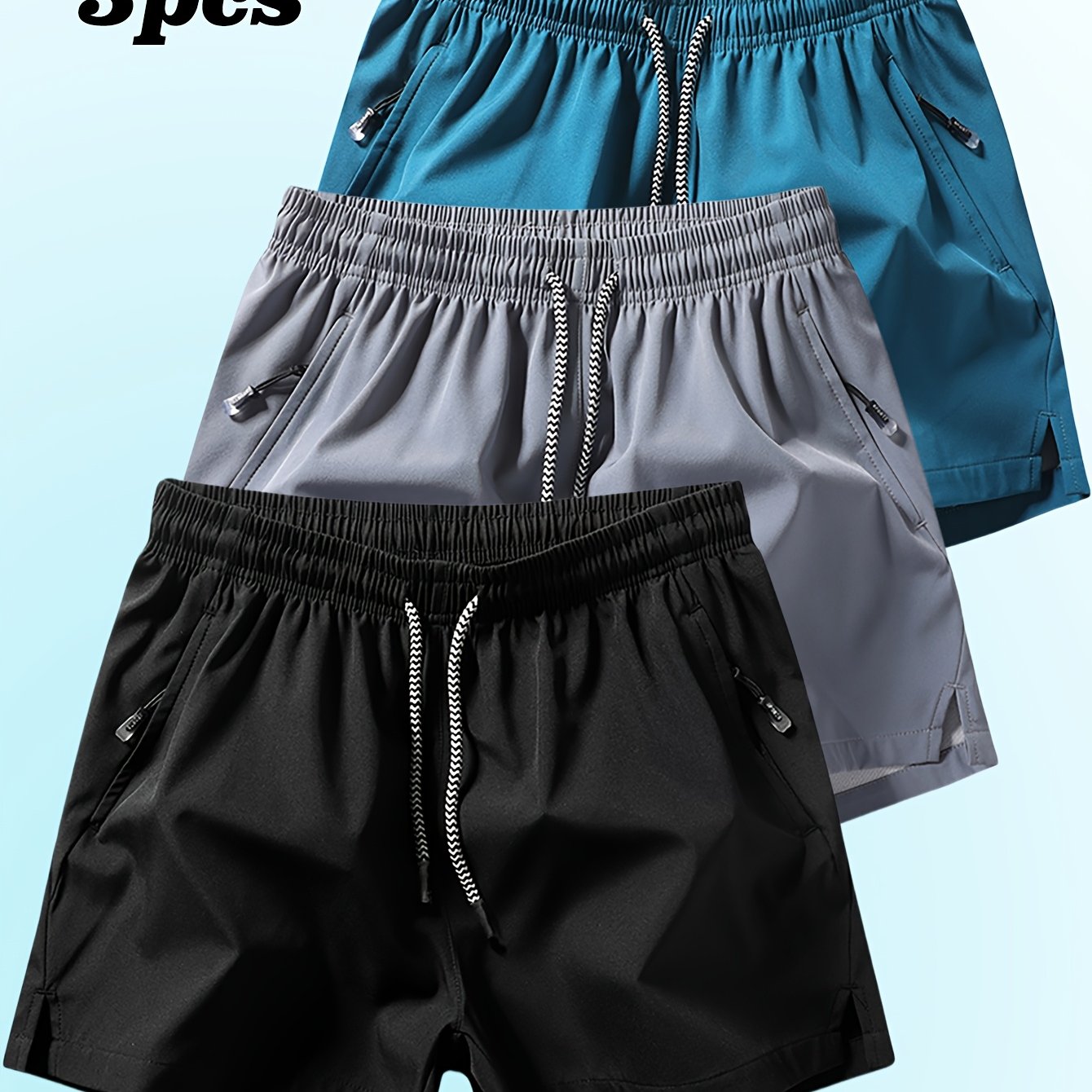 3pcs Men's Casual Athletic Shorts - Breathable, Comfortable, Zippered Pockets, Elastic Waistband, Solid Colors (Blue, Gray, Black) for Fitness, Running & Casual Attire, Running Shorts | Minimalist Shorts | Smooth Texture