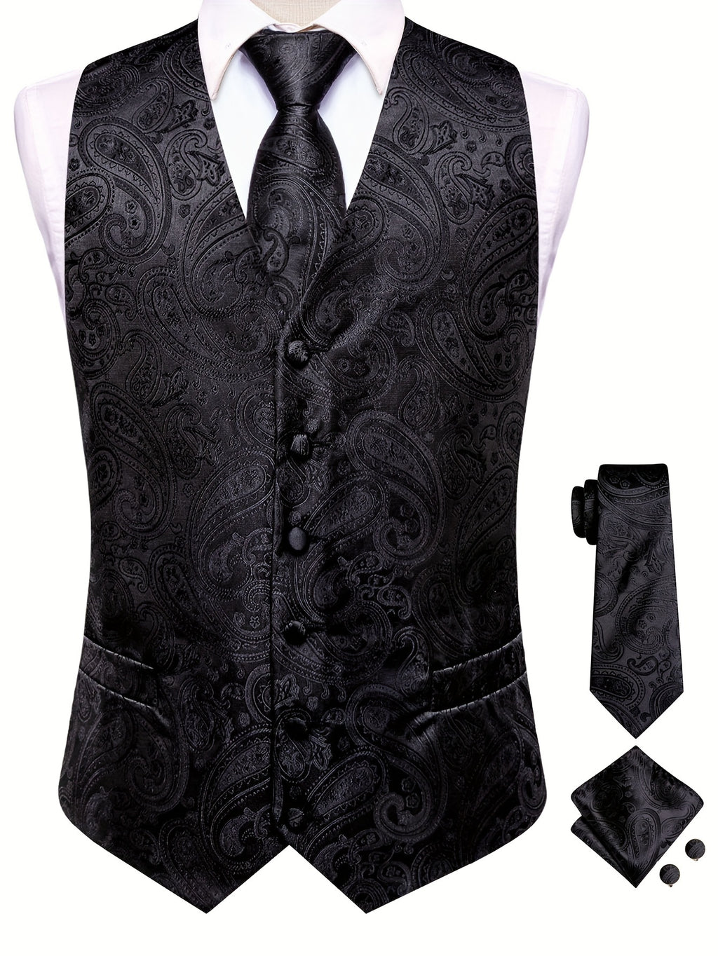 Gilet élégant en jacquard cachemire pour homme avec cravate + mouchoir + boutons de manchette pour mariage\u002Foccasions spéciales
