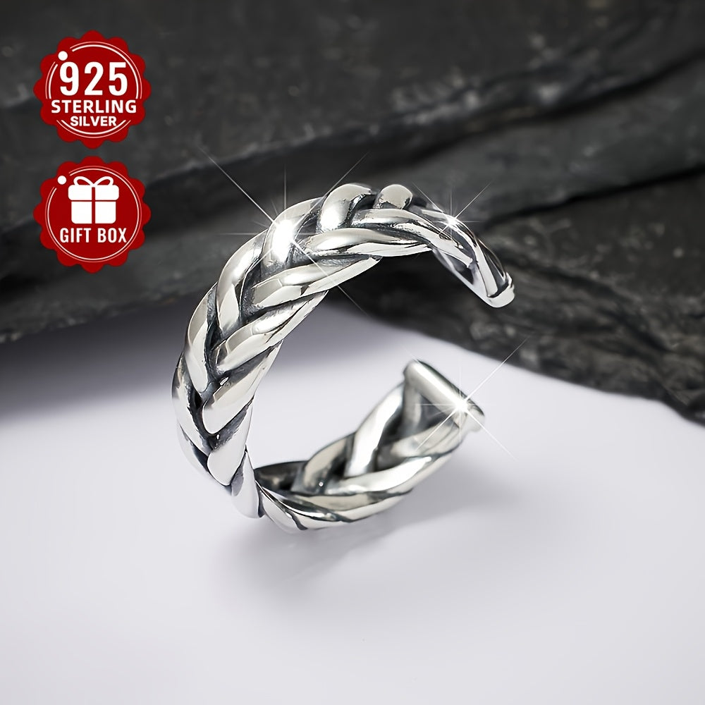 1PC 925 Sterling Silver Vintage Couple Braided Rope Ring Aged Geometric Open Ring For Men And Women Holiday Birthday Anniversary Gift (about 4.49g)