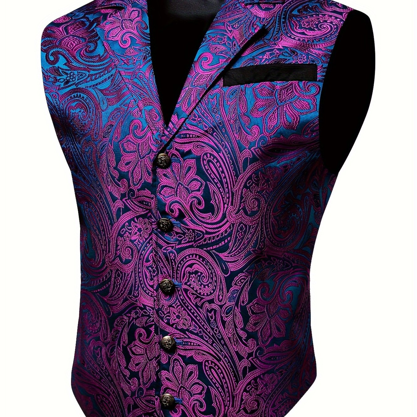 Gilet de Costume Jacquard Floral Vintage pour Hommes - Style Steampunk Gothique, Imprimé Floral Vert & Doré, Col Sur Mesure, Bouton en Cuivre, Poches Latérales, Parfait pour les Mariages, Bal de Promo & Événements Formels