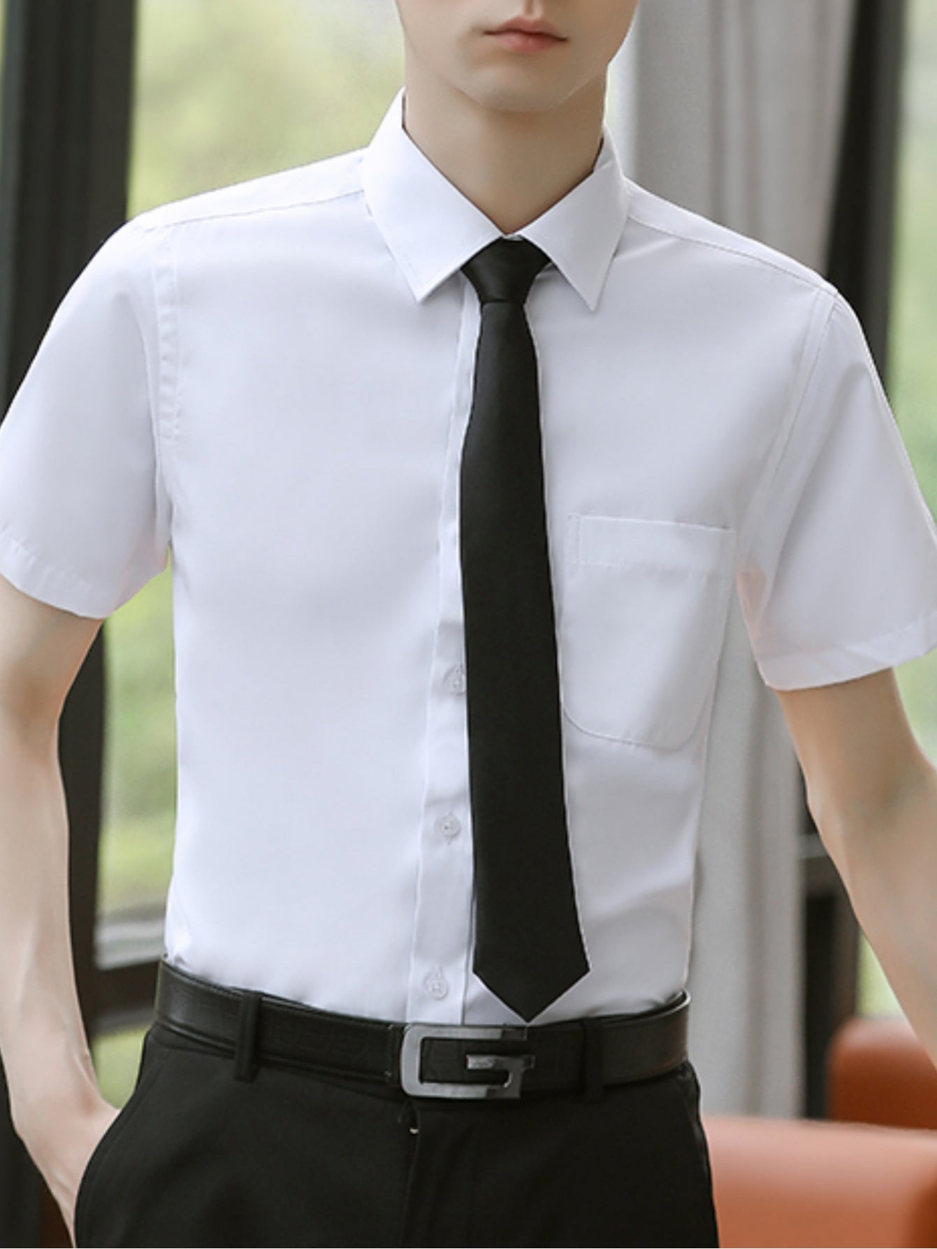 Men'S Solid Color Short Sleeve Dress Shirt - Business Casual Button-Up with Collar, Regular Fit for Office, Parties & Casual Outings (Spring\u002FFall), Short Sleeve Dress Shirt, Spring Fall Attire, Classic Collar, Nonstretch Fabric