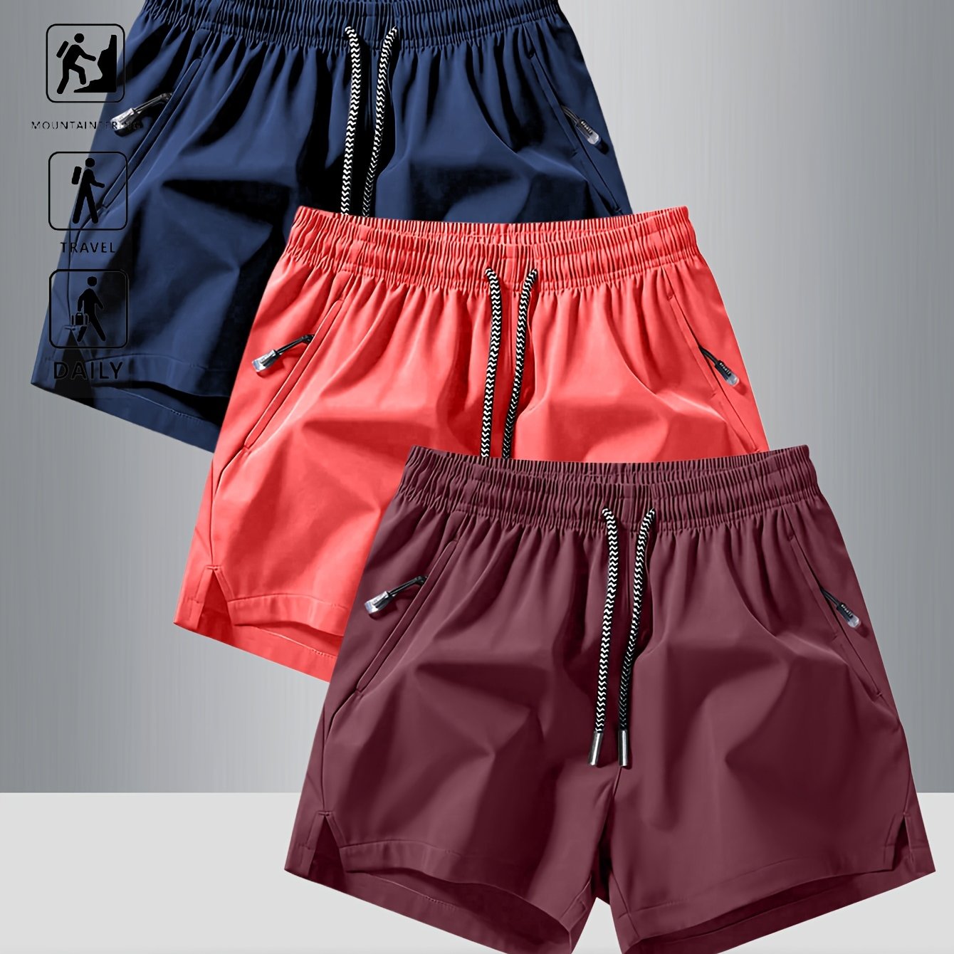 3pcs OBM Men's Moisture-Wicking Lightweight Athletic Shorts with Adjustable Drawstring Waist & Zipper Pocket - Breathable Quick-Dry Gym Running Training Shorts for Summer, Beach, Outdoor Activities (Teal, Burgundy, Navy)