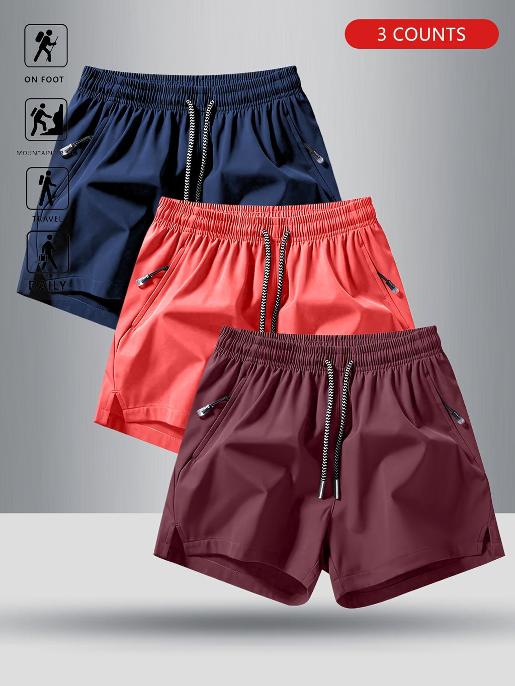 3pcs OBM Men's Moisture-Wicking Lightweight Athletic Shorts with Adjustable Drawstring Waist & Zipper Pocket - Breathable Quick-Dry Gym Running Training Shorts for Summer, Beach, Outdoor Activities (Teal, Burgundy, Navy)