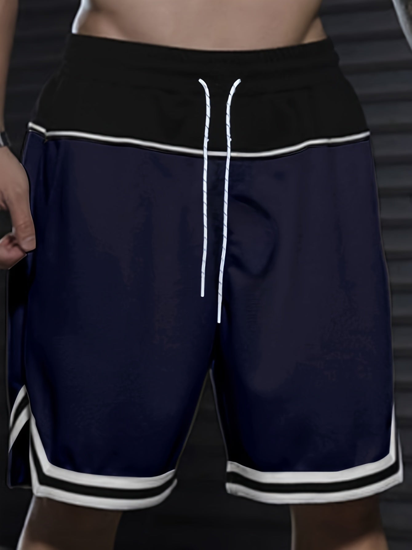 Men's Color Block Striped Shorts With Pockets, Active Elastic Waist Drawstring Shorts For Summer Fitness