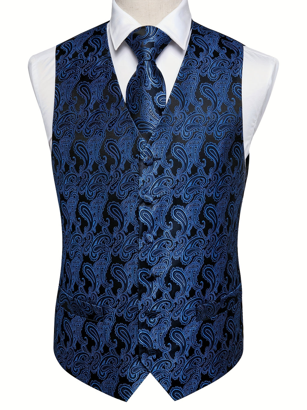 Gilet élégant en jacquard cachemire pour homme avec cravate + mouchoir + boutons de manchette pour mariage\u002Foccasions spéciales
