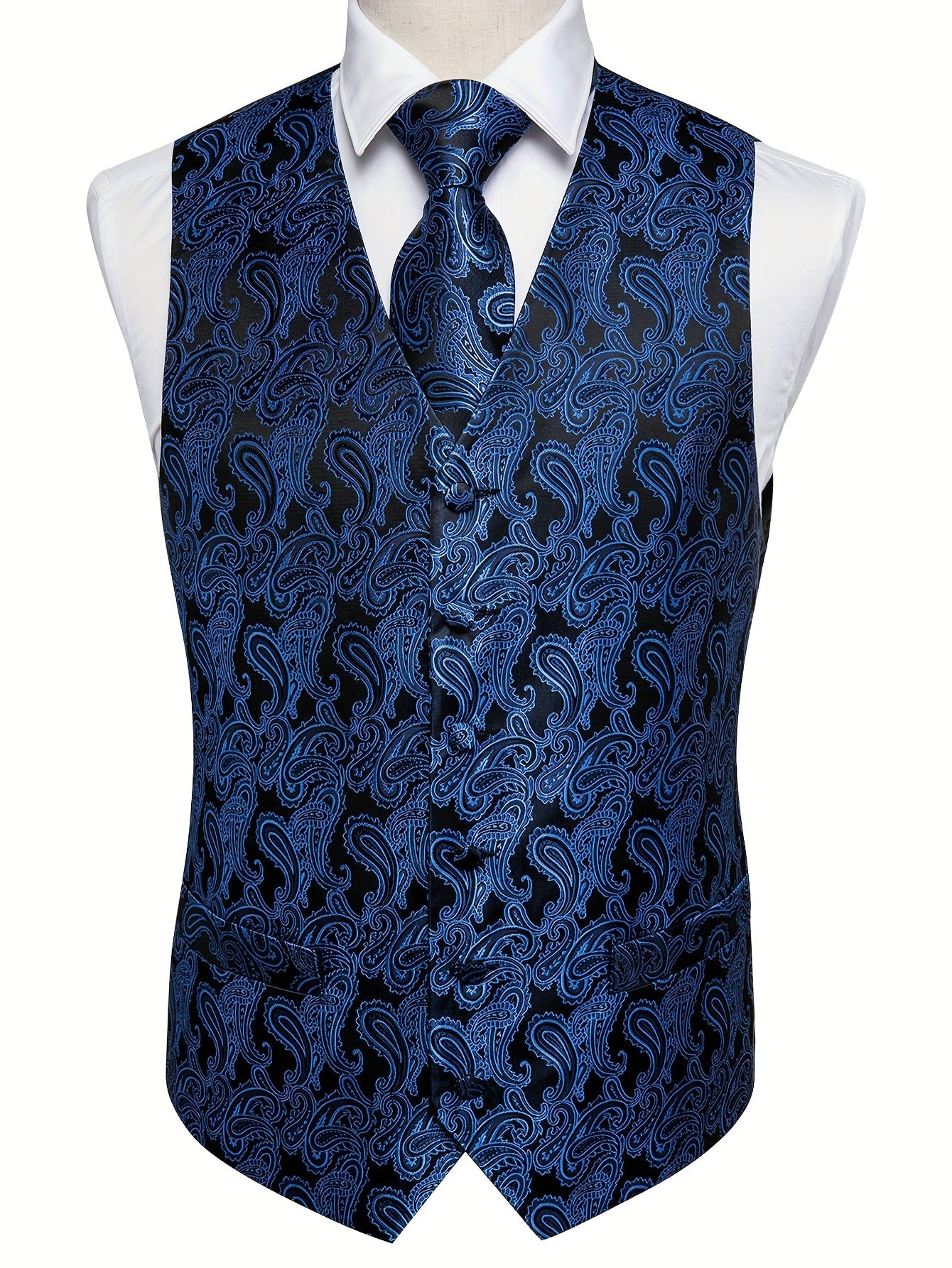Gilet élégant en jacquard cachemire pour homme avec cravate + mouchoir + boutons de manchette pour mariage\u002Foccasions spéciales