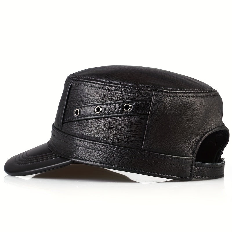 Premium Sheepskin Baseball Cap for Men - Fashionable Flat Brim Hat, Thin Design for Spring & Fall, Casual Outdoor Duckbill Cap for Middle-Aged Adults, Visor Cap | Sleek Headgear | Sleek Leather Ha