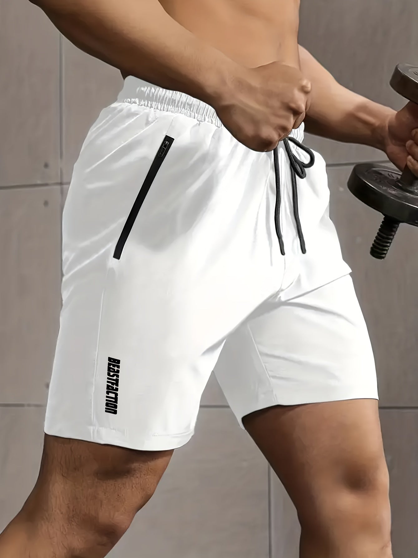 Men's Solid Shorts With Zipper Pockets, Active Elastic Waist Drawstring Shorts For Summer Outdoor Fitness