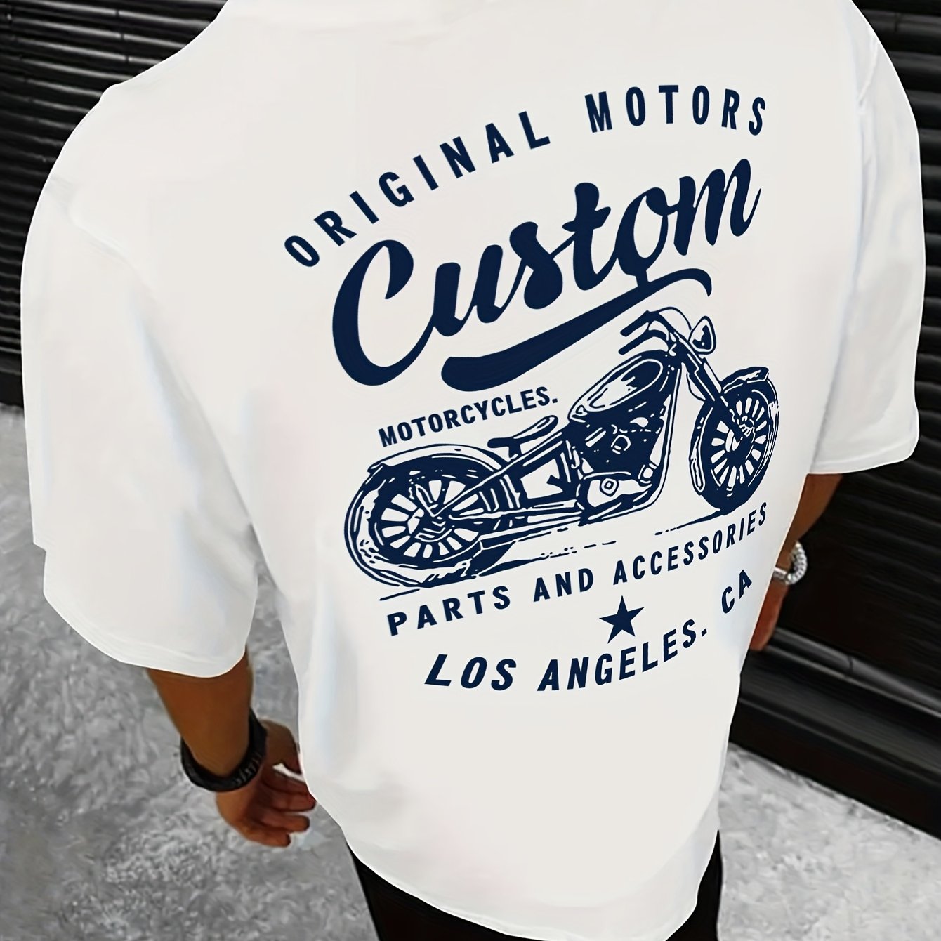 Men's Original Motorcycles Graphic T-Shirt - Casual Street Style Short Sleeve Crewneck Tee, White with Blue Print, Polyester Blend, Los Angeles Parts & Accessories Design