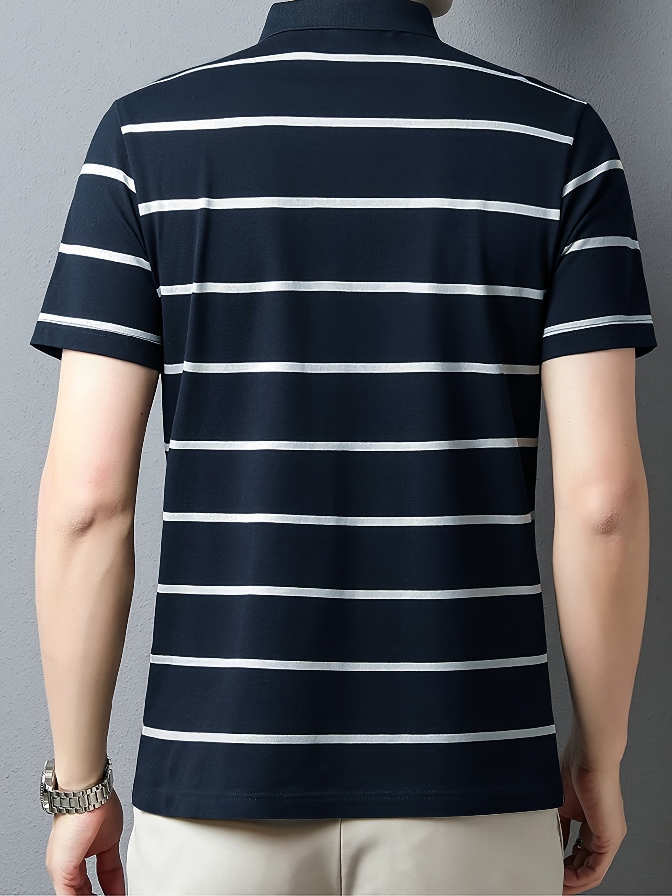 Men'S Navy & White Striped Polo Shirt - Casual Summer Golf Shirt with Short Sleeves, Button-Up, and Collared Design, Perfect for Outdoor Activities and Gifts, Casual Summer Wear | Casual Style | Polyester Fabric