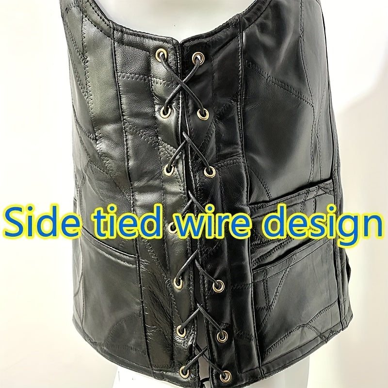 1pc Veste sans Manches en Similicuir ICEBANNER pour Homme, Veste Motocross Clubwear à Boutons-Pression et Lacets Réglables avec Poches Cachées, 100% Similicuir