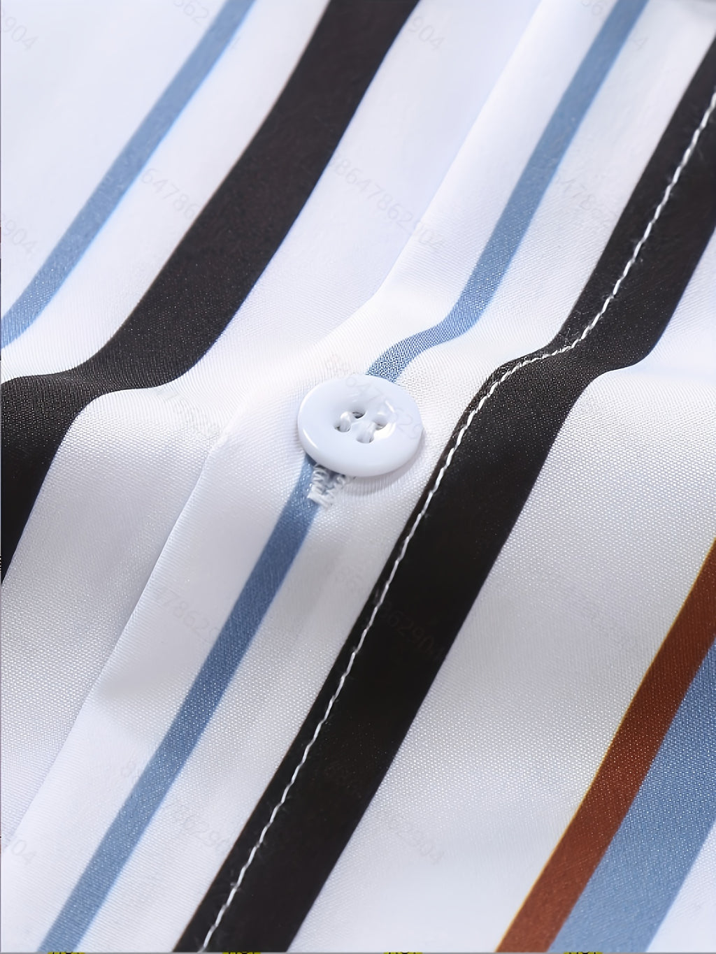 Men'S Casual Summer Short Sleeve Button-Up Shirt - White with Blue, Black, and Orange Vertical Stripes, Non-Stretch Fabric, Perfect for Weekend Outings, Casual Attire|Striped Shirt|Nonstretch Fabric