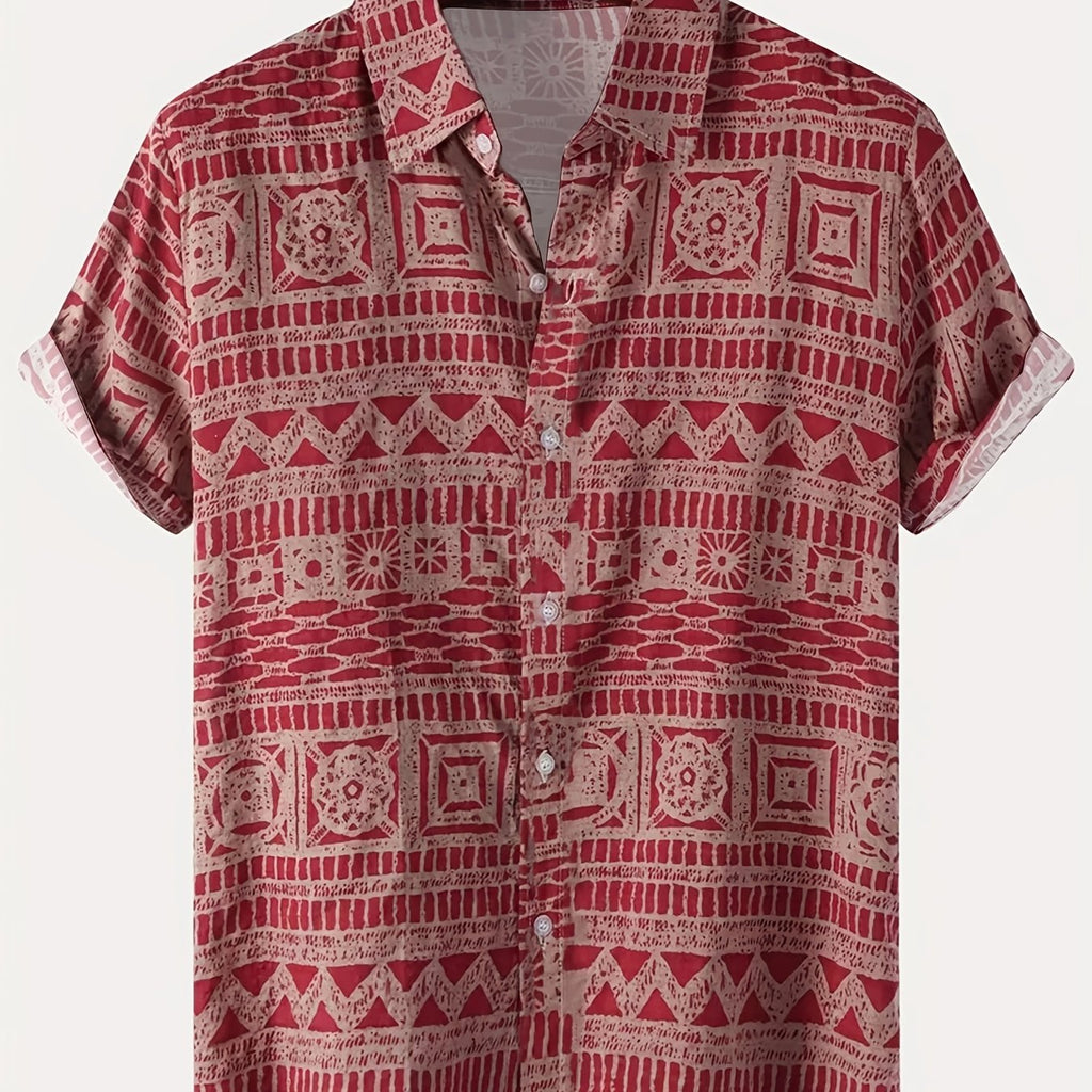 Men's Casual Short-Sleeve Button-Up Shirt with Vibrant Red & White Geometric Print - Lightweight Polyester, Machine Washable, Perfect for Summer Outings, Relaxed Fit Shirt | Ethnic Print Shirt | Polyester Fabric