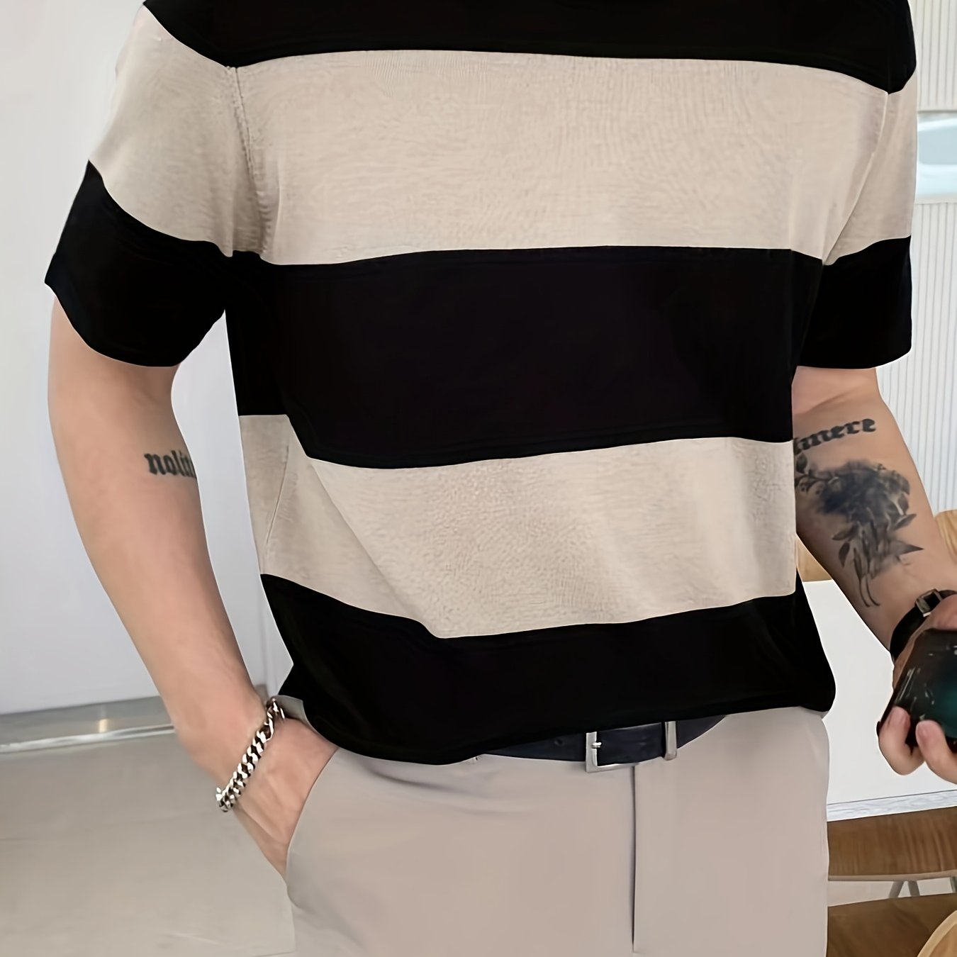 Men'S Premium Striped Color-Blocked Lightweight Knitted Short-Sleeve Shirt 490