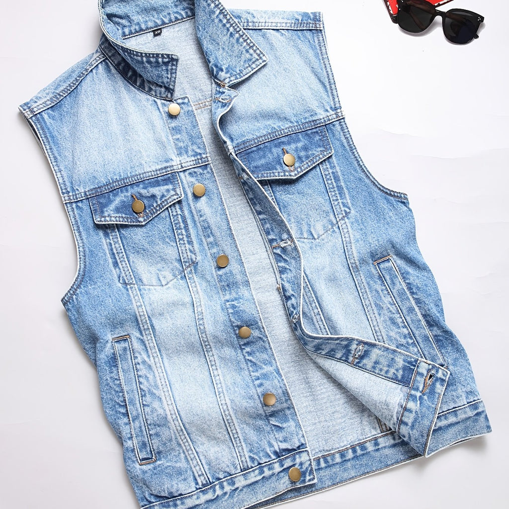 Veste en jean décontractée pour homme, mélange de coton, non extensible, couleur unie, sans manches, col à revers, coupe standard, tissée avec détails de poches