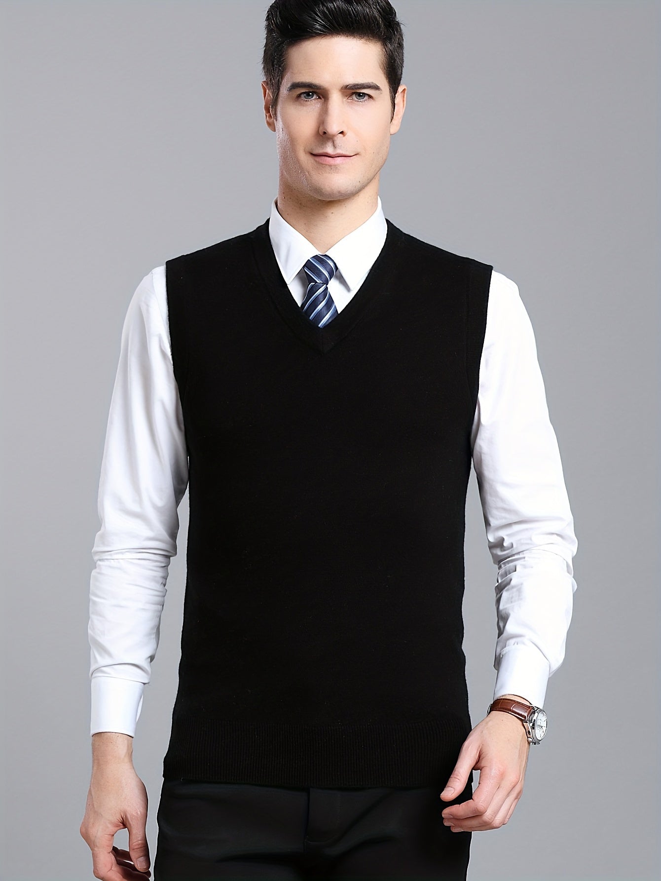 Gilet Homme Sans Manches en Laine Stretch - Texture Côtelée Élégante, Tricot Chaud pour Tenue Décontractée et Golf, Anniversaire - Noir