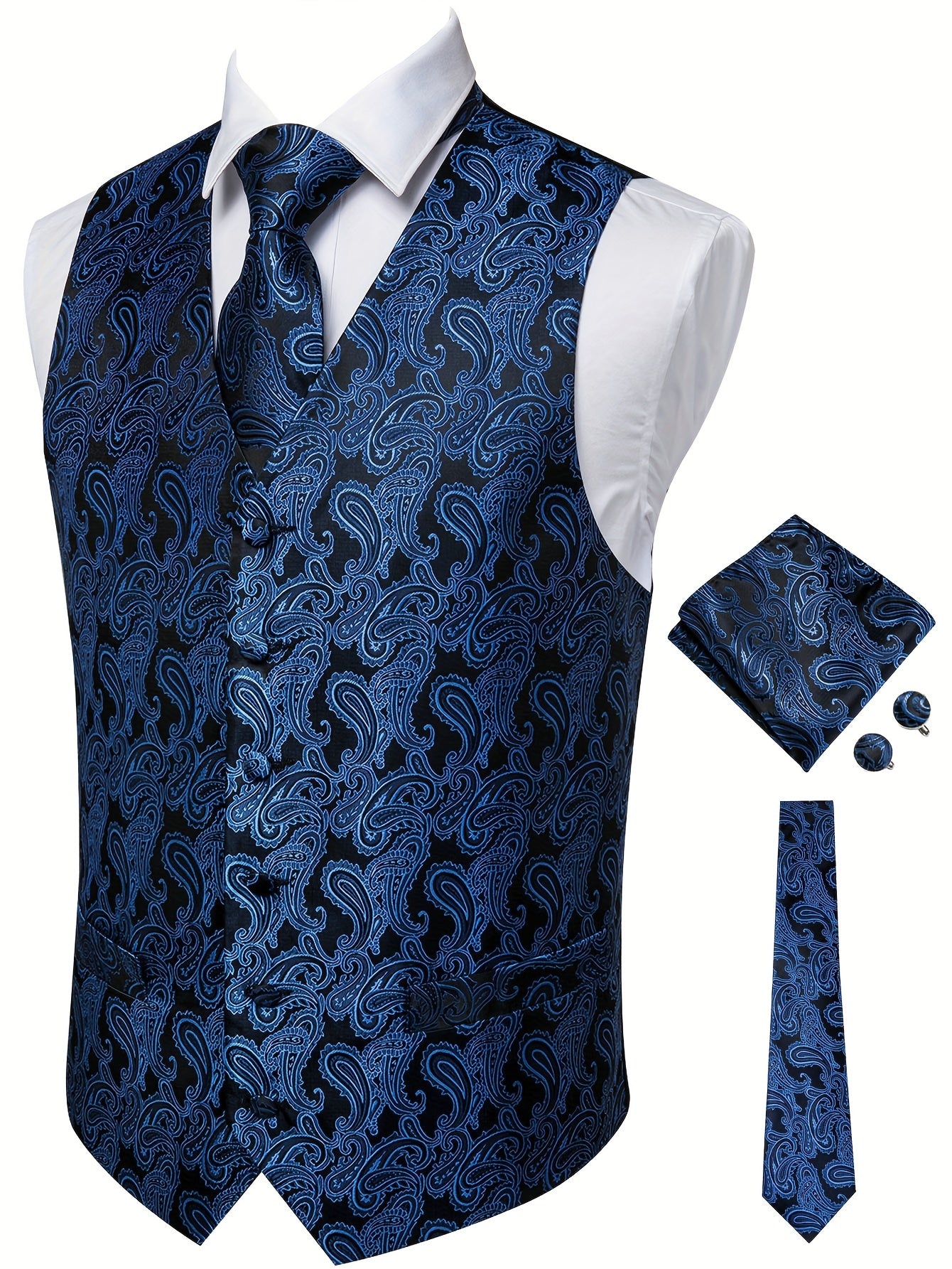 Gilet élégant en jacquard cachemire pour homme avec cravate + mouchoir + boutons de manchette pour mariage\u002Foccasions spéciales