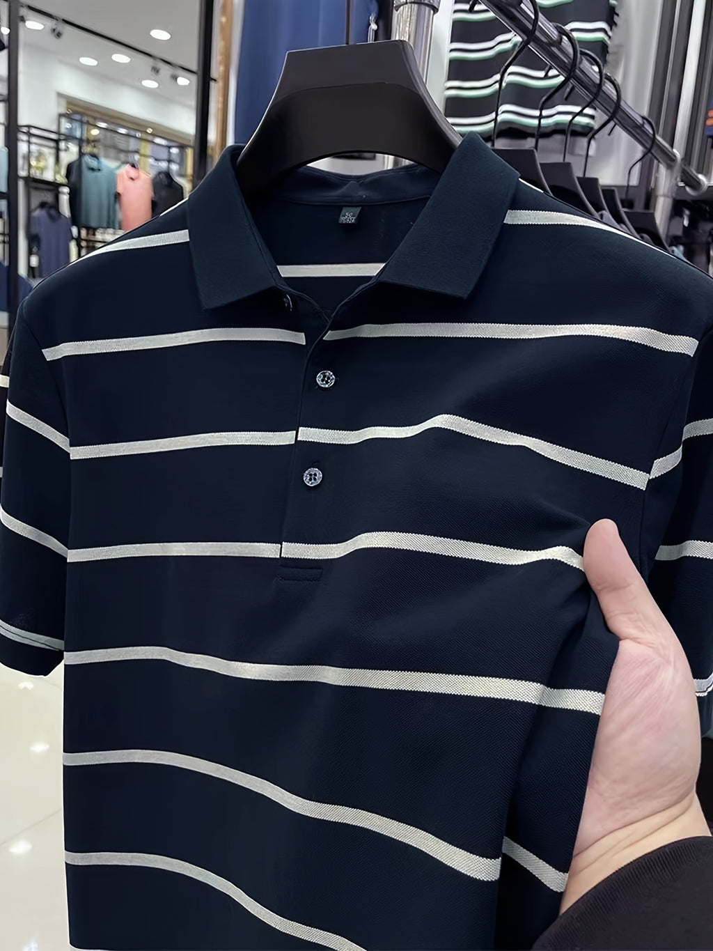 Men'S Navy & White Striped Polo Shirt - Casual Summer Golf Shirt with Short Sleeves, Button-Up, and Collared Design, Perfect for Outdoor Activities and Gifts, Casual Summer Wear | Casual Style | Polyester Fabric
