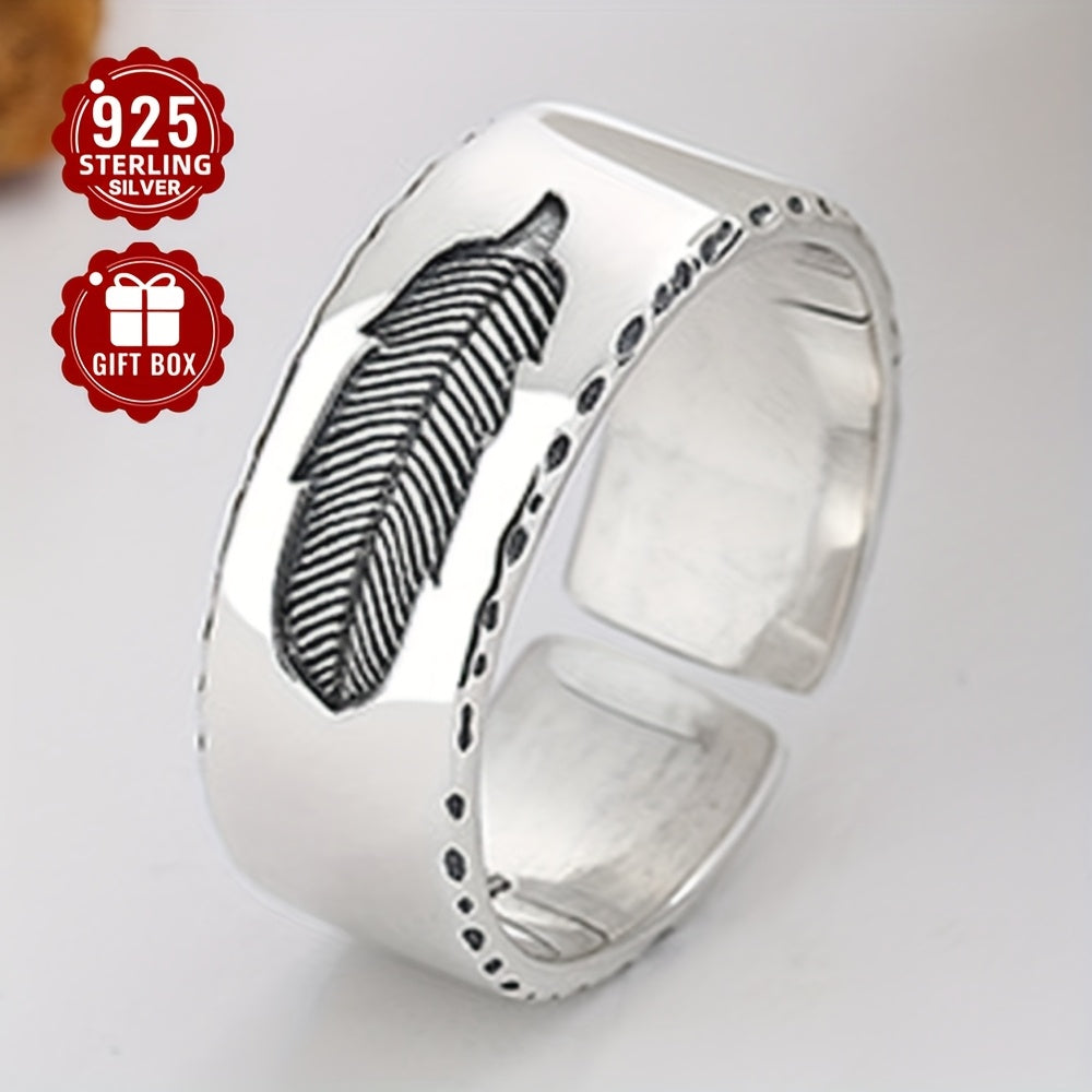 1PCS925 Sterling Silver Low Sensitivity Wide Edition Heavy Work Texture Feather Imprint Open Ring Hip Hop Retro Style For Rock Party Bundy Men's Women's Universal Couple Ring (about 5.6g)