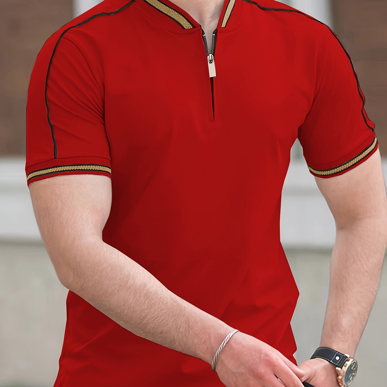 Men'S Casual Short Sleeve Polo Shirt - Beige with Black Side Stripes, Comfortable Breathable Fabric, Mandarin Collar, Zipper Detail, Perfect for Sports, Outdoor Activities & Casual Wear, Sports Casual Wear | Minimalist Design | Comfortable Fit