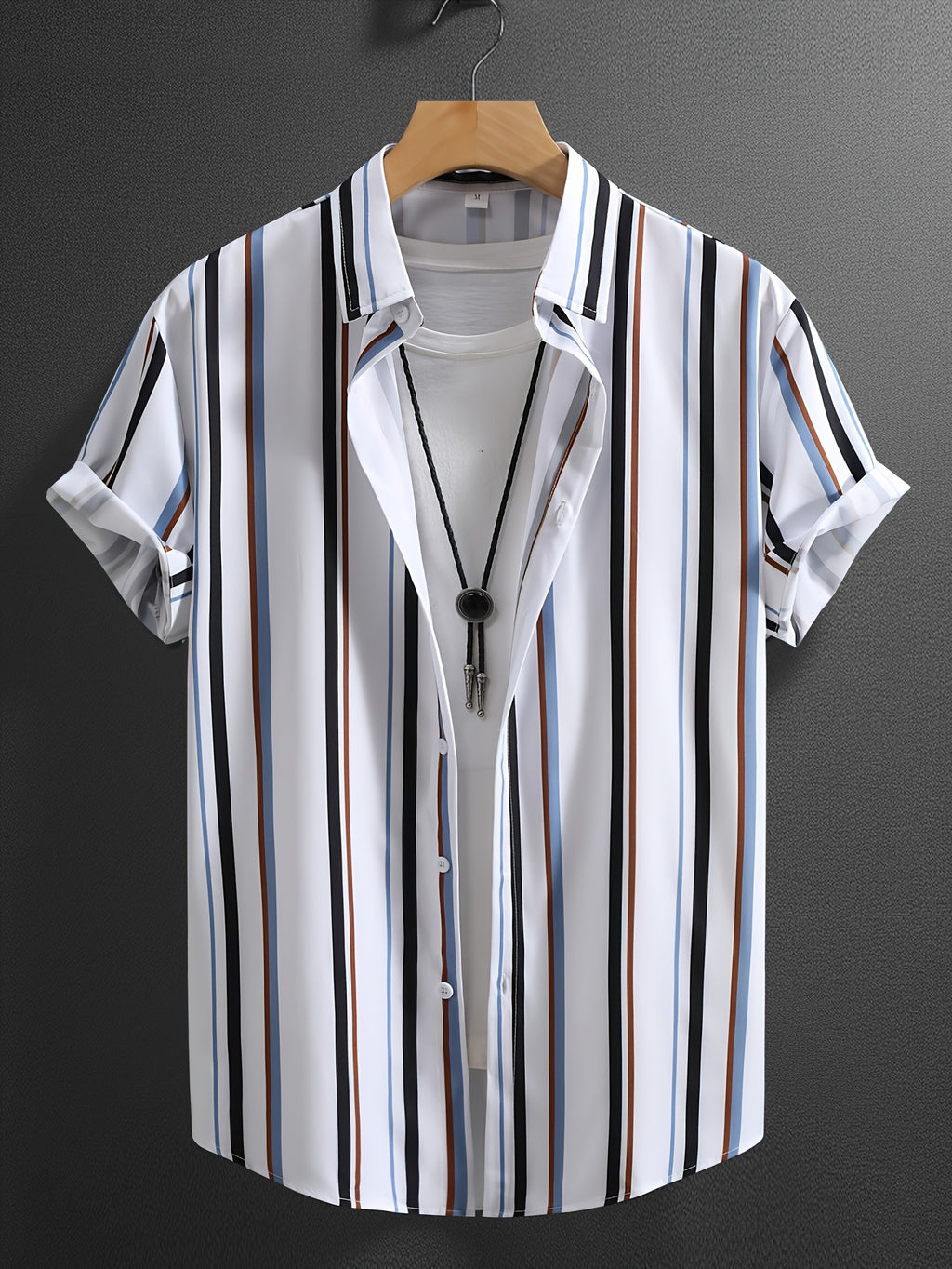 Men'S Casual Summer Short Sleeve Button-Up Shirt - White with Blue, Black, and Orange Vertical Stripes, Non-Stretch Fabric, Perfect for Weekend Outings, Casual Attire|Striped Shirt|Nonstretch Fabric
