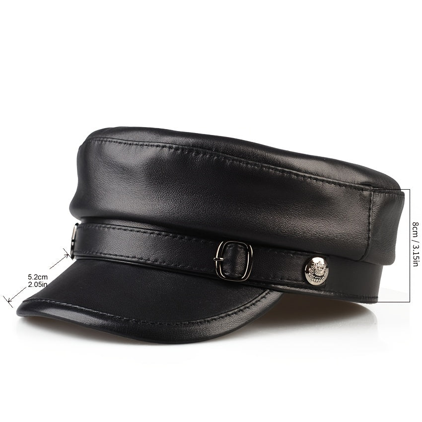 Men's genuine leather sheepskin flat top hat, retro British style, high-quality leather, suitable for all seasons