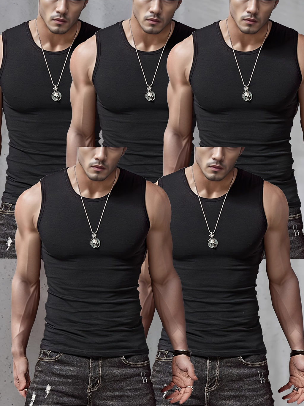 5 débardeurs pour hommes à larges épaules - Noir, Gris, Blanc - Sans manches, respirant, col rond - Pour le sport et le fitness