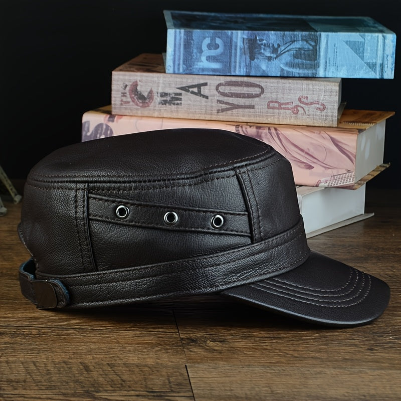 Premium Sheepskin Baseball Cap for Men - Fashionable Flat Brim Hat, Thin Design for Spring & Fall, Casual Outdoor Duckbill Cap for Middle-Aged Adults, Visor Cap | Sleek Headgear | Sleek Leather Ha