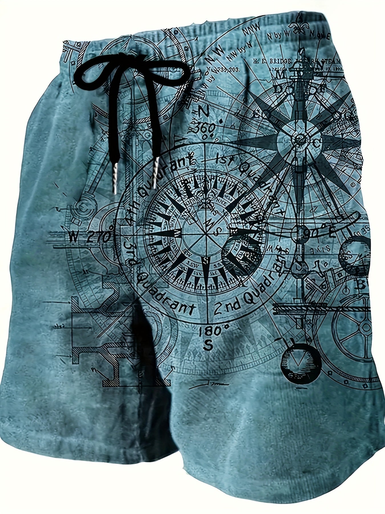 Men's Vintage Nautical Quick-Dry Shorts - Compass & Sailing Charts Design, Ideal for Summer Water Sports, Beach, and Surfing, Lightweight Polyester Fabric with Drawstring Waist