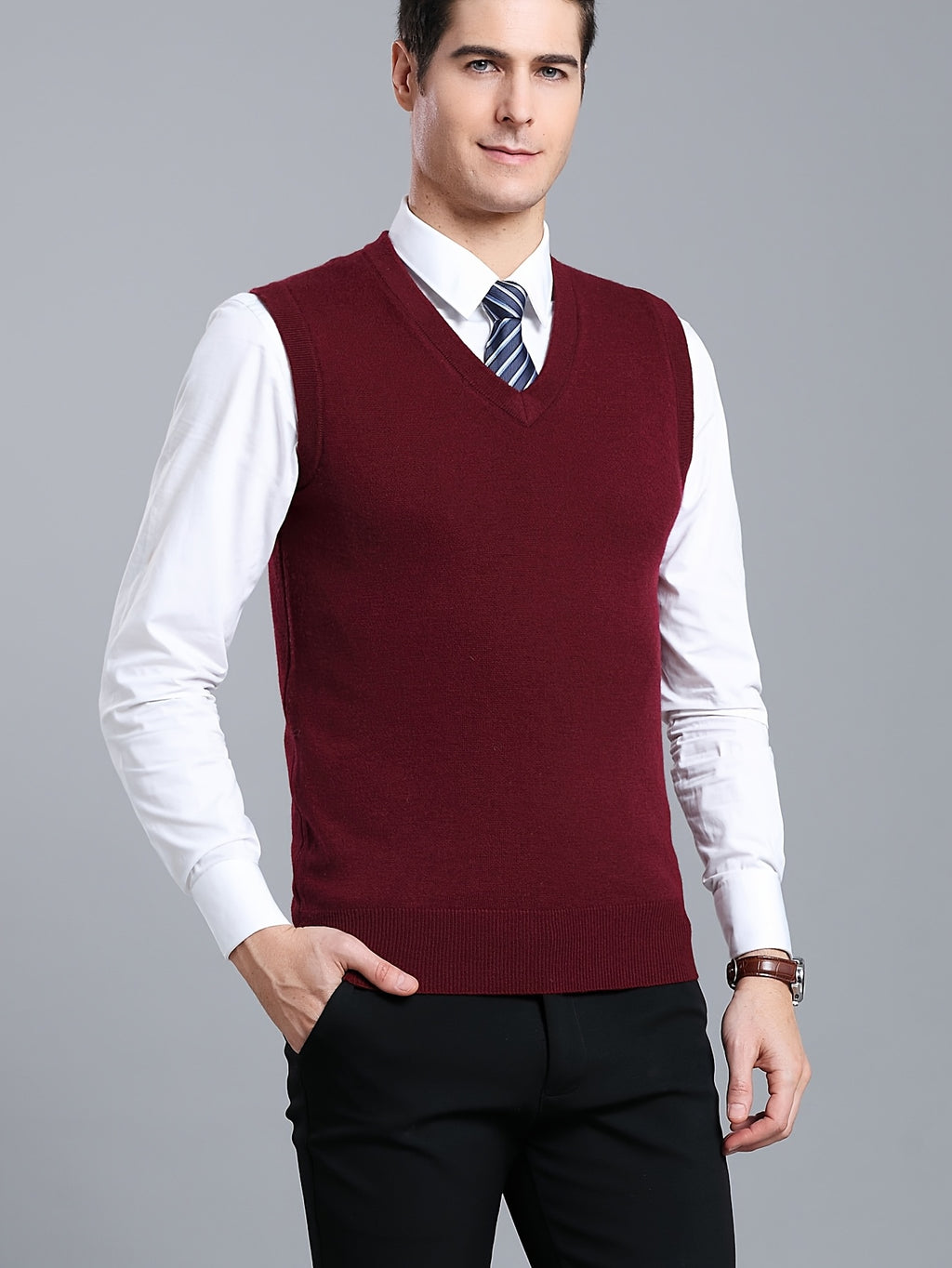 Gilet Homme Sans Manches en Laine Stretch - Texture Côtelée Élégante, Tricot Chaud pour Tenue Décontractée et Golf, Anniversaire - Noir