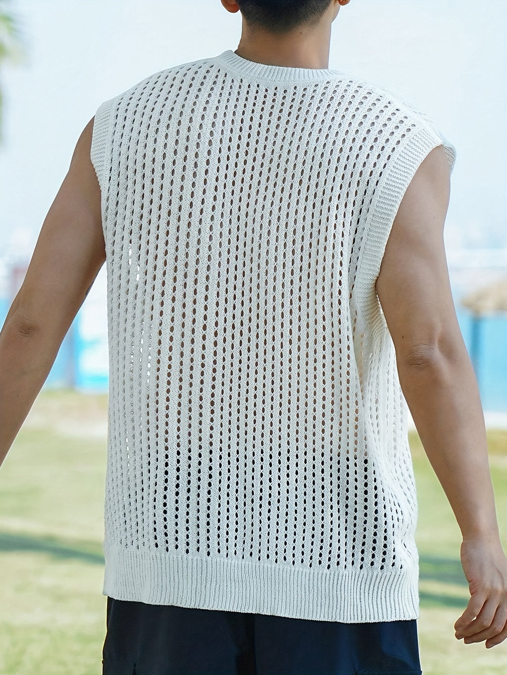 Débardeur homme en viscose ajourée, col rond sans manches - Couleur unie pour look décontracté, extérieur et streetwear - Printemps\u002FÉté\u002FAutomne