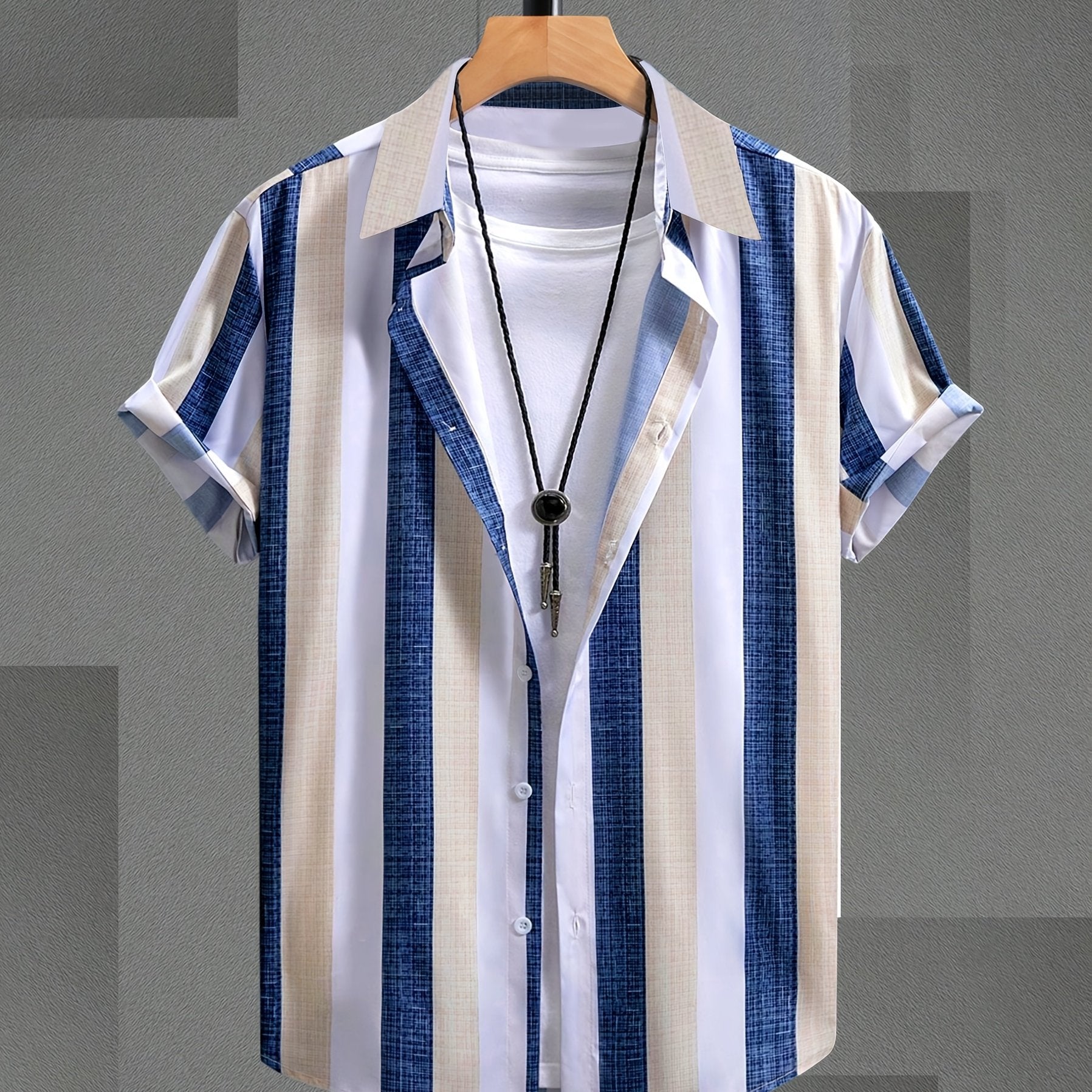 Men's Summer Casual Striped Button-Up Shirt - Short Sleeve, Lightweight & Breathable for Outdoor Activities, Beach, and Casual Attire, Beach Clothes, Beach Apparel, Classic Collar, Durable Clothing