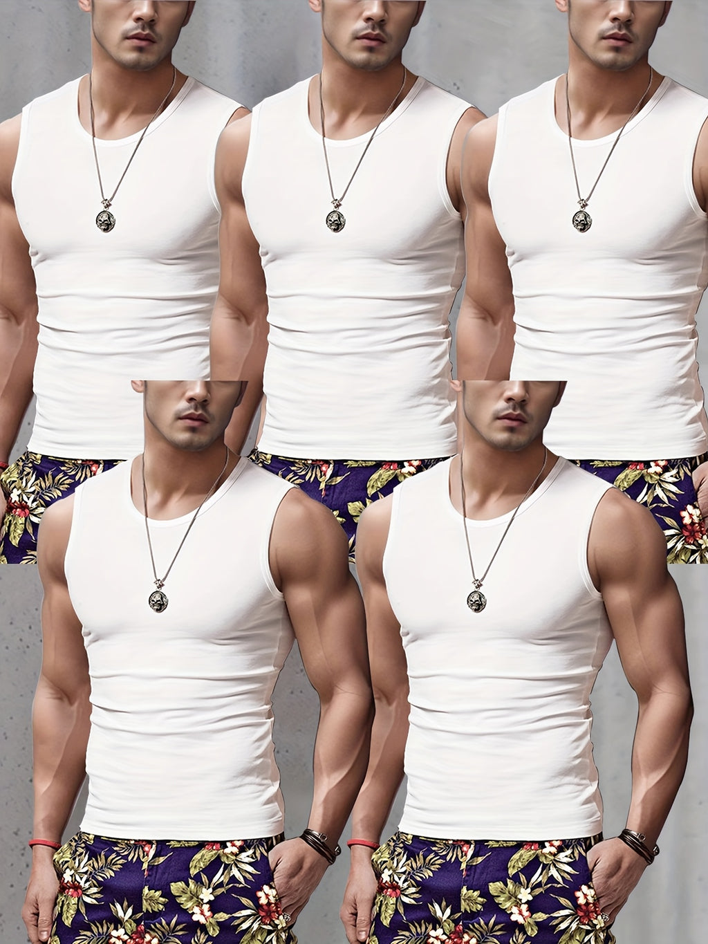 5 débardeurs pour hommes à larges épaules - Noir, Gris, Blanc - Sans manches, respirant, col rond - Pour le sport et le fitness