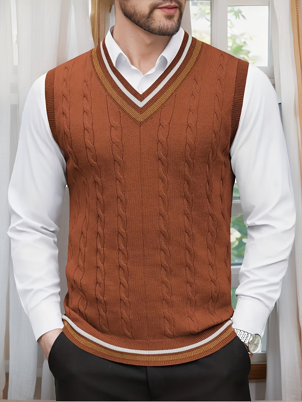 Gilet Homme Sans Manches Col en V Tricoté, Design Décontracté et Rétro, Idéal pour l'Automne et l'Hiver, Parfait pour un Look Décontracté et Sophistiqué en Toute Occasion